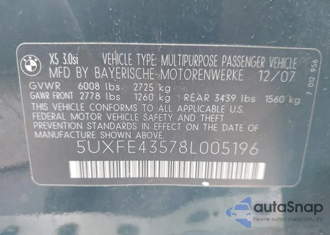 2008 BMW X5 3.0Si from USA, damaged, VIN 5UXFE43578L005196